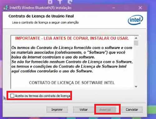 ACEITAR OS TERMOS E CONDICOES DA LICENCA DRIVER BLUETOOTH