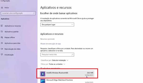 APLICATIVO INSTALADO ADICIONAR OU REMOVER PROGRAMAS CONFIGURACOES DRIVER BLUETOOTH