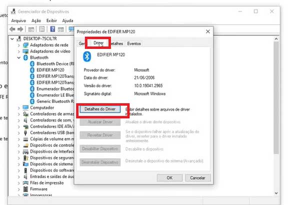DETALHES DO DRIVER DO DISPOSITIVO BLUETOOTH