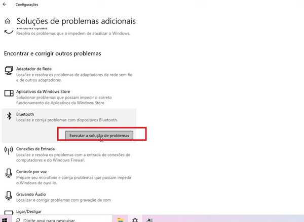 EXECUTAR O SOLUCIONADOR DE PROBLEMAS WINDOWS 10