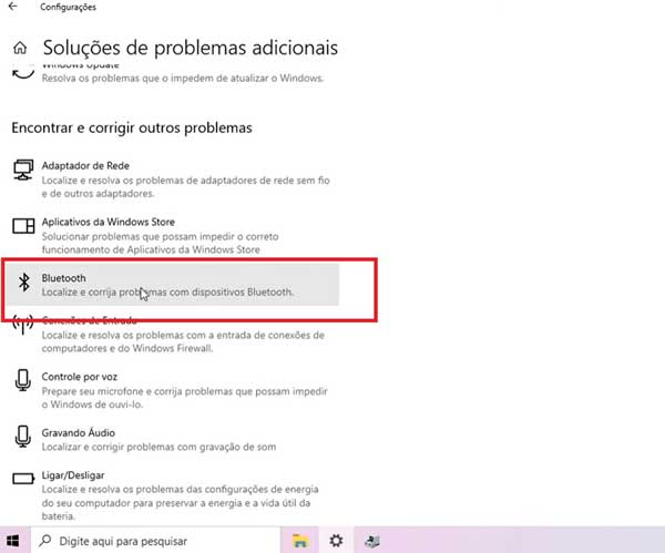 OPCAO BLUETOOTH SOLUCAO DE PROBLEMAS ADICIONAIS WINDOWS 10