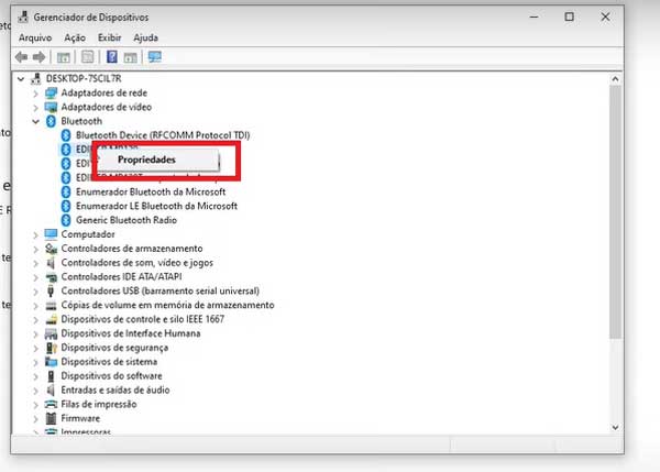 PROPRIEDADES DO DRIVER DO DISPOSITIVO BLUETOOTH