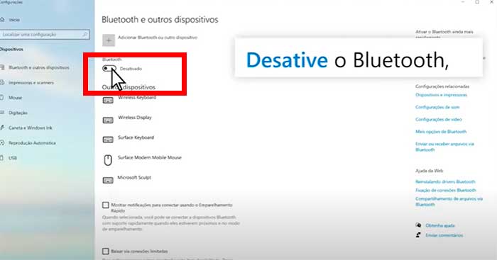 desative o bluetooth
