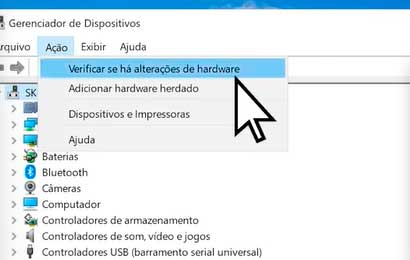 gerenciador de dispositivos acao verificar se ha ateracoes de hardware