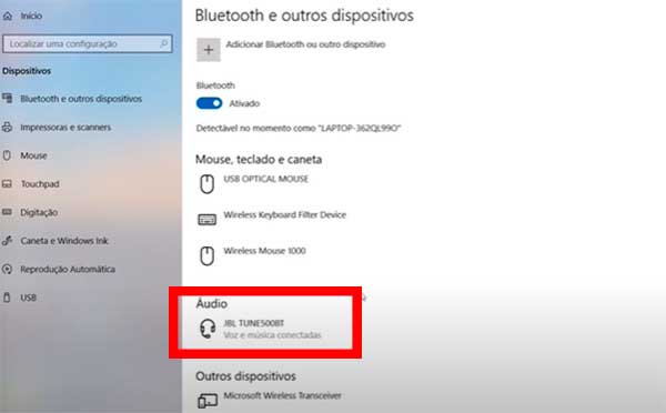 Bluetooth conectado fones de ouvido Bluetooth na Windows 10