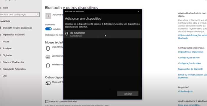 Dispositivo conectado fones de ouvido Bluetooth na Windows 10